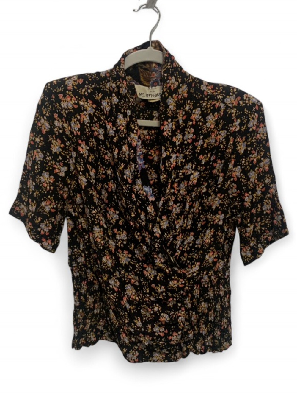 Vintage Black Floral V-Neck Wrap Short Sleeve Blouse